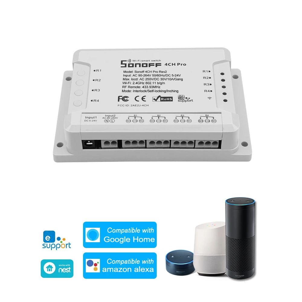 SONOFF 4CH Pro R2 ITEAD RF 433 МГц 4 банда WiFI переключатель 3 режима работы инчинг/самоблокировка/Блокировка WiFi смарт-переключатель для Alexa