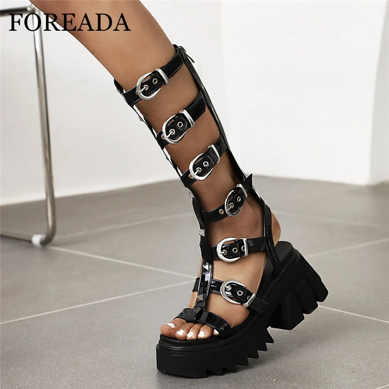 

FOREADA Women Sandals Gladiator Patent Leather Shoes Platform Block High Heels Sandals Buckle Rivet Ladies Footwear Summer 36-43