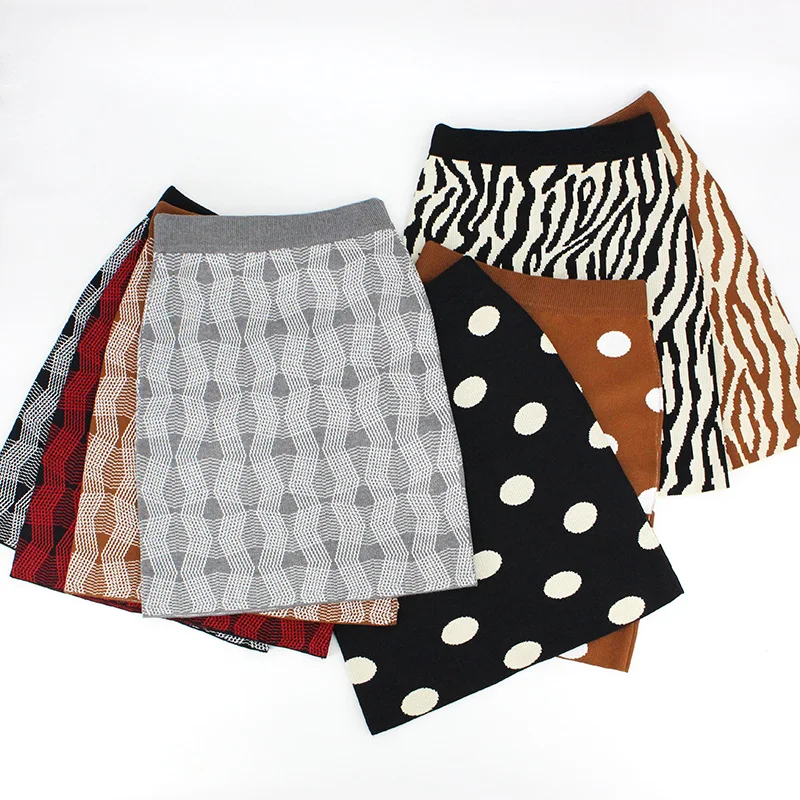 

Winter Women Skirts Dots Knitting Zebra Print Pencil Skirt Rhombus High Waist Elastic Plus Size Casual Korean Style Saia