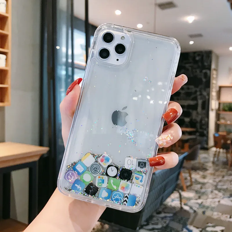 Чехол для iPhone 11 Pro Max Xs Xr X 10 10s 8 7 6 6s Plus SE 2020 милый прозрачный чехол Apple со сверкающими