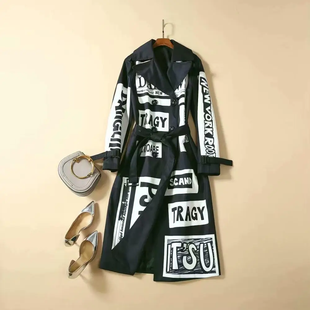 

Elegant Winter Outerwear Design Trend Letters Print Graffiti Trench High Street Contrast Color Long Female Coat with Belt