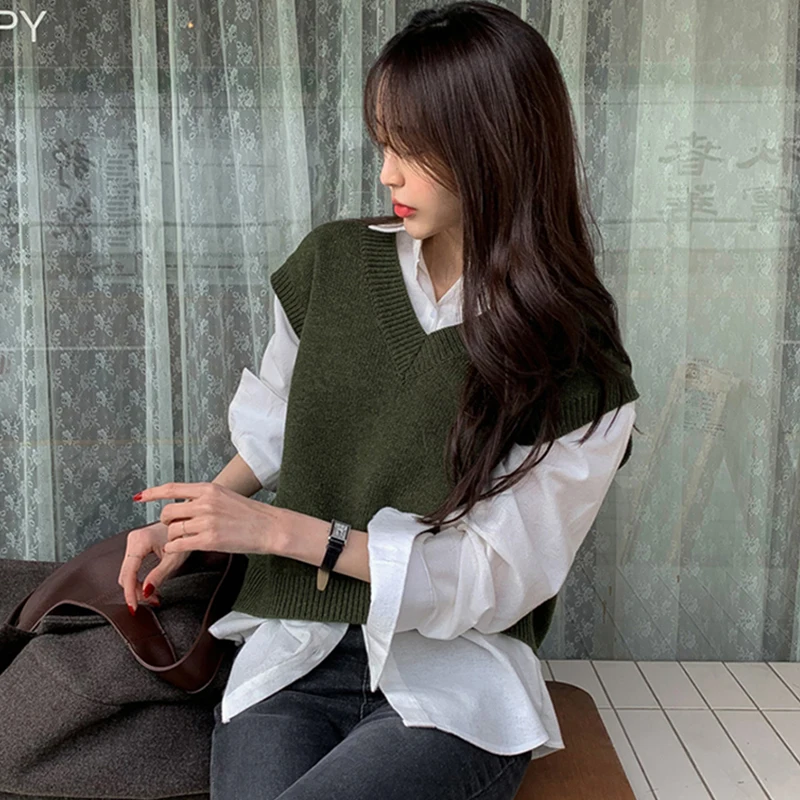 

ZCSMLL Korean chic temperament lazy style V-neck knitted vest + lapel loose solid color long-sleeved shirt two pieces top women