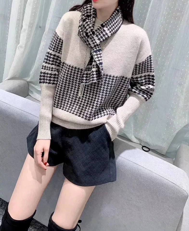 Осенний лоскутный клетчатый свитер с шарфом женские джемперы вязаные пуловеры |
