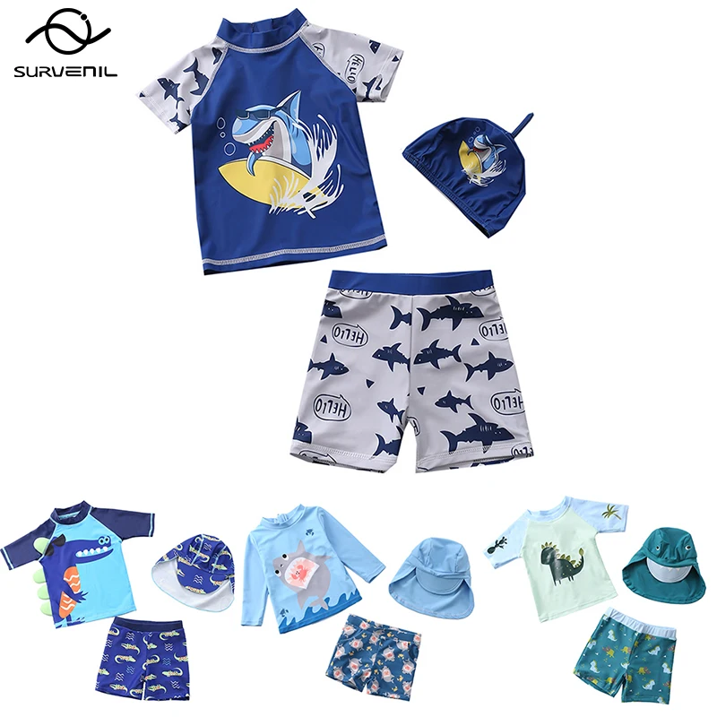 Купальник детский 3 предмета для мальчиков с динозавром акулой летняя пляжная