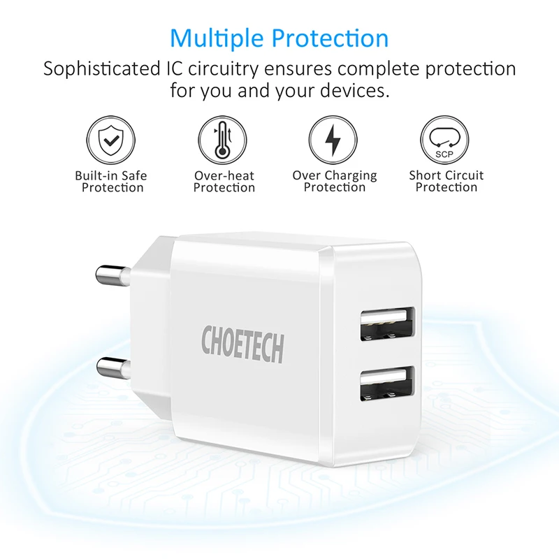 CHOETECH, 5 В, 2 А, два порта, USB, настенное зарядное устройство для iPhone 11 X XS 8 7, быстрое зарядное устройство для путешествий, адаптер для samsung S10 S9 S8, зарядное устройство для телефона