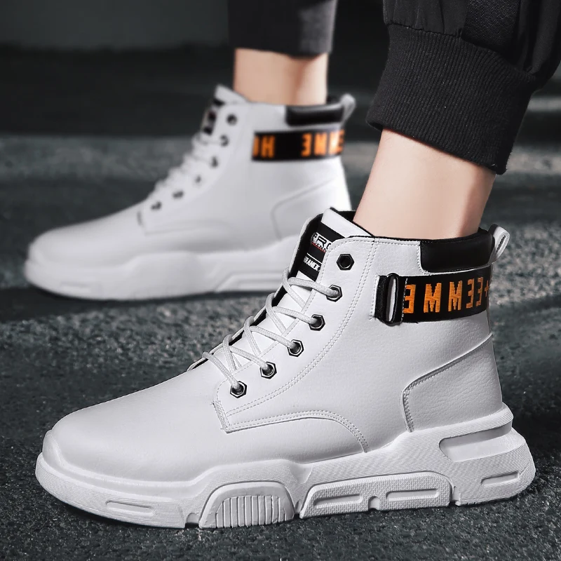 Fashion leather casual shoes Men Warm Winter Boots 2019 Hot New High Top Boot Vulcanized Sneakers Running Shoe For Man off white | Обувь