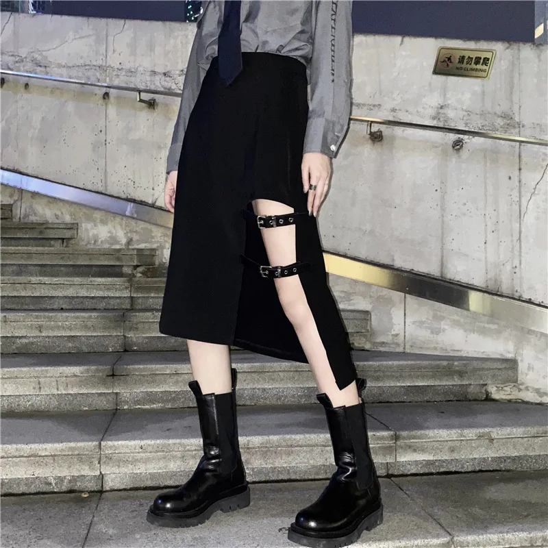 

Spring Autumn Punk Gothic Harajuku Black Skirt Fashion Loose Female Long Skirt Bandage Half-length Skirt