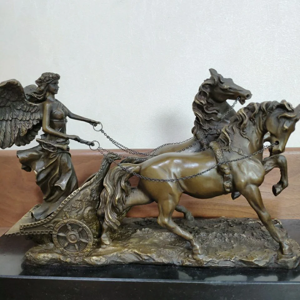 

Bronze Angel Chariot Statue Vintage Sculpture Art Marble Base Gorgeous Indoor Decoration