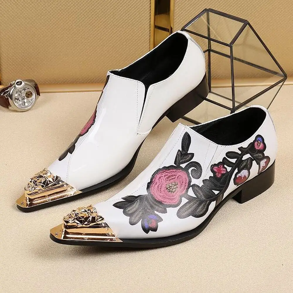 

Mens Pointed Metal Toe Embroidery Floral Wingtip Real Leather Cuban Heel Wedding Party Club Formal Dress Shoes Plus Size