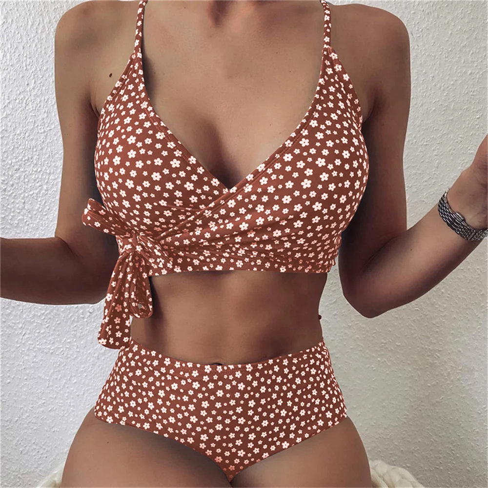 

Floral Bikinis 2021 High Waist Swimsuit Lace Cross Bandage Split Swimwear Sexy Female Sport Bathing Suit Stripe Biquini