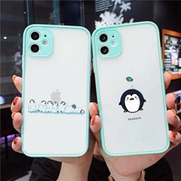 cartoon penguin phone case for iphone 13 12 11 mini pro xr xs max 7 8 plus x matte transparent blue back cover