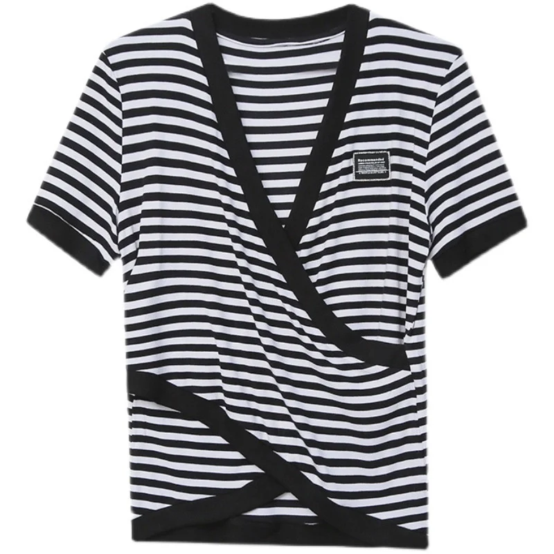 

Black and white stripe T-shirt short sleeve 2021 summer new design irregular split half sleeve top