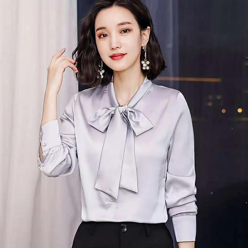 

2021 Women Spring Summer Style Faux Sild Blouses Shirts Lady Casual Long Sleeve Bow Tie Collar Blusas Tops
