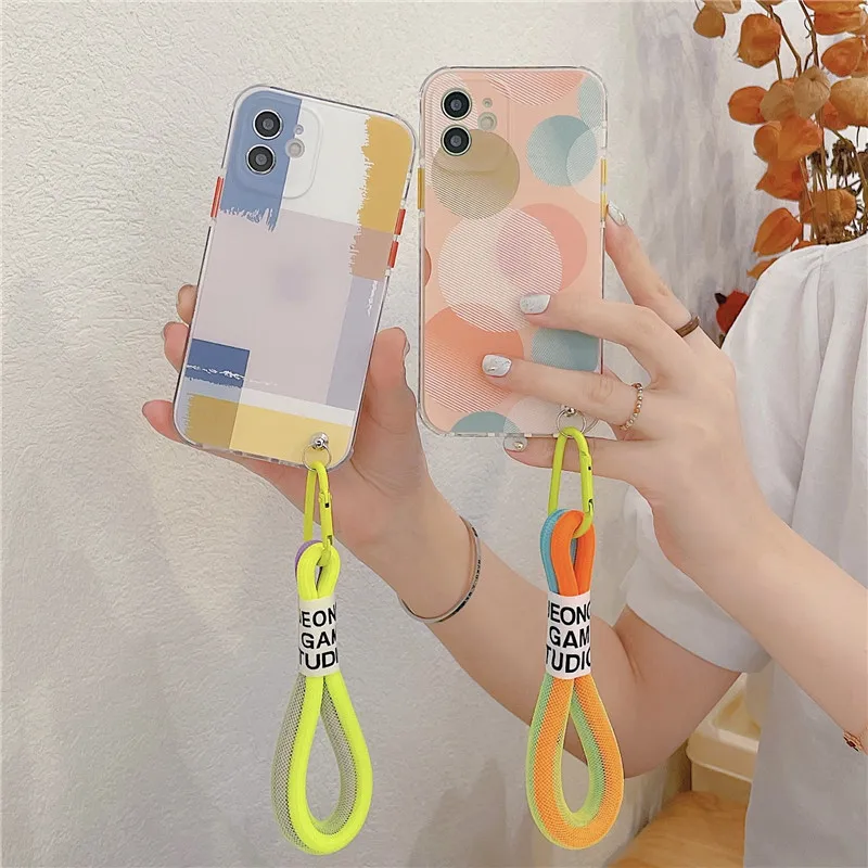 

Lattice Wave Point Colorful Lanyard Phone Cases For iphone 12 11 Pro Max X XS Max XR 7 8 Plus 12 Mini SE 2020 Soft Cover Shell