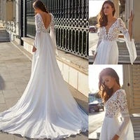 vintage deep v neck wedding dress beach chiffon long sleeve customize boho lace bridal gown sweep train plus size robe de mariee