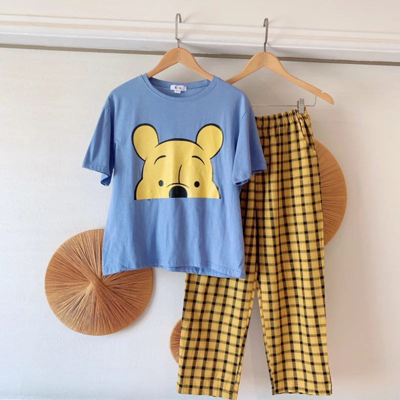 Disney Cartoon Winnie the Pooh Kawaii Pajama Sets Ladies Summer Short Sleeve Tshirt Plaid Pants Sleepwear Women Pizama Damska