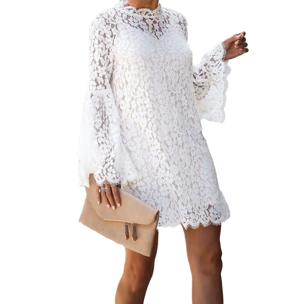 

Western Style Two Piece Sets Spring Summer Fashion Temperament Loose Casual Round Neck Flared Sleeves White Lace Dress 2021