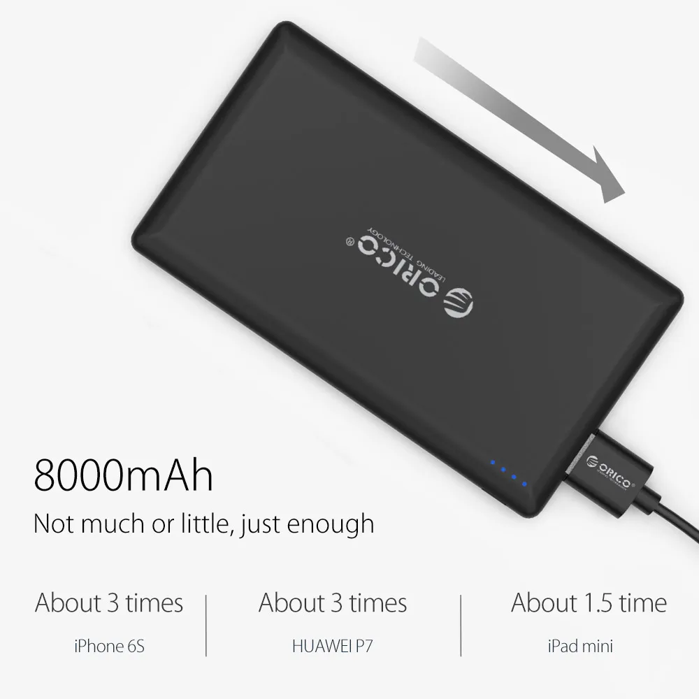 ORICO 8000 мАч тонкий внешний аккумулятор тонкое внешнее зарядное usb-устройство для аккумулятора для iphone samsung Xiaomi huawei смартфон