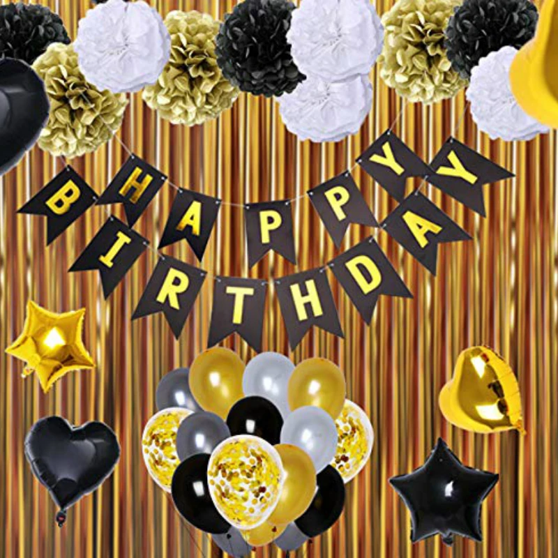 90 шт украшения для дня рождения черно золотые фольгированные воздушные шары флаг