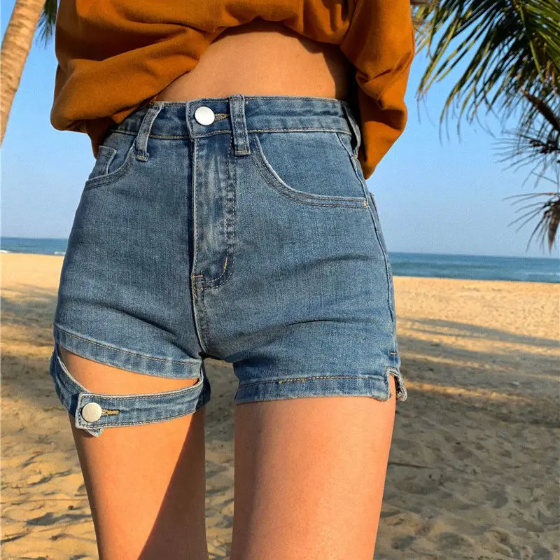 

Летние женские джинсовые шорты, с высокой талией, на пуговицах, стрейчевые, небесно-голубые или черные, обтягивающие, сексуальные, узкие