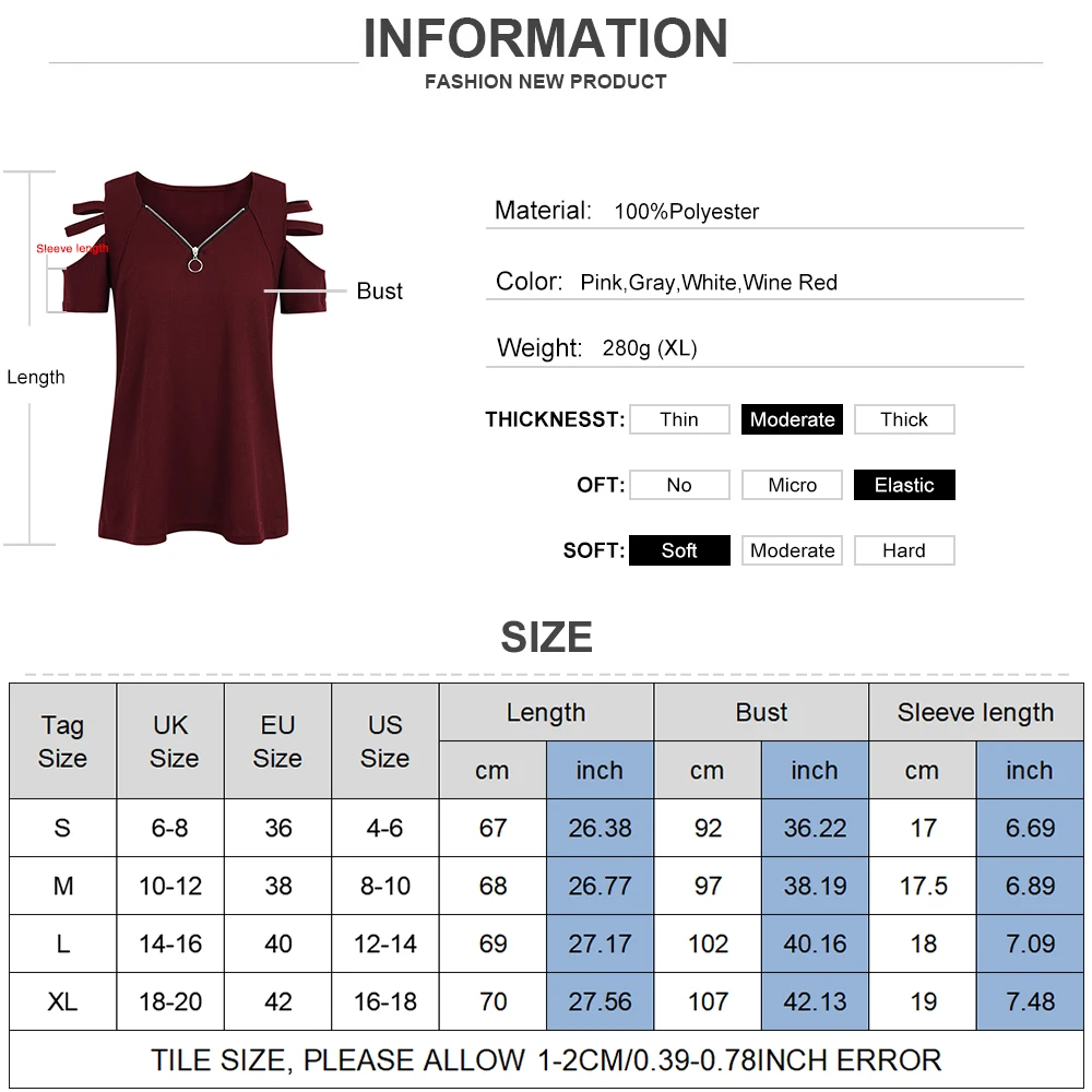 

Womens Zipper V-neck Hollow Out Off-shoulder Tee Tops Sexy Ladies Casual Solid Color Short Sleeves Round Neck Loose T-shirts D30