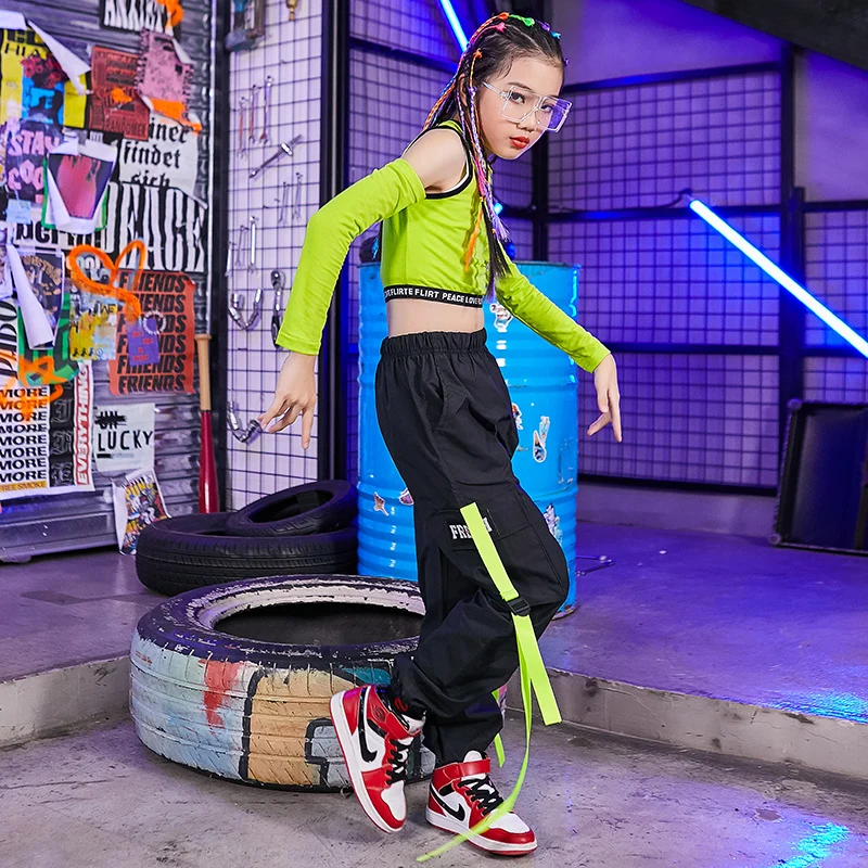

Girls Hip Hop Costumes Children Jazz Dance Clothing Street Dancing Suit Fashion Off-Shoulder Top Pants Stage Show Wear DNV13729