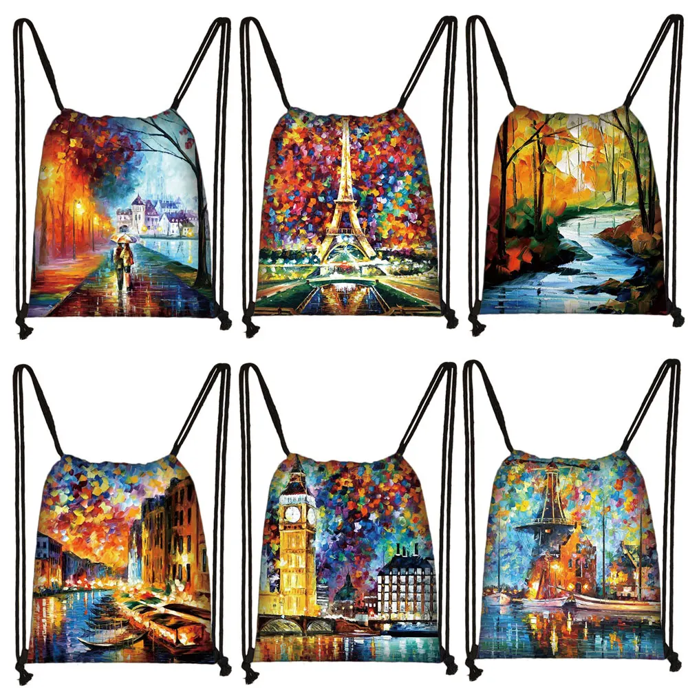 

Oil Painting Landscape Print Drawstring Bag Women Softback Backpack Ladies Storage Bags for Travel Girls Bookbag Shoes Holder