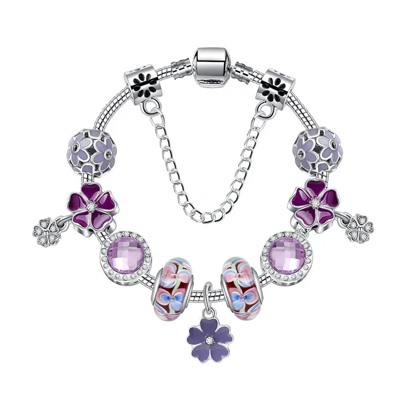 

Silver Plated Charm Bracelet & Bangle Blossom Purple CZ Glass Charms Beads Fit Original Basic Bracelets Snake Chain DIY Jewelry