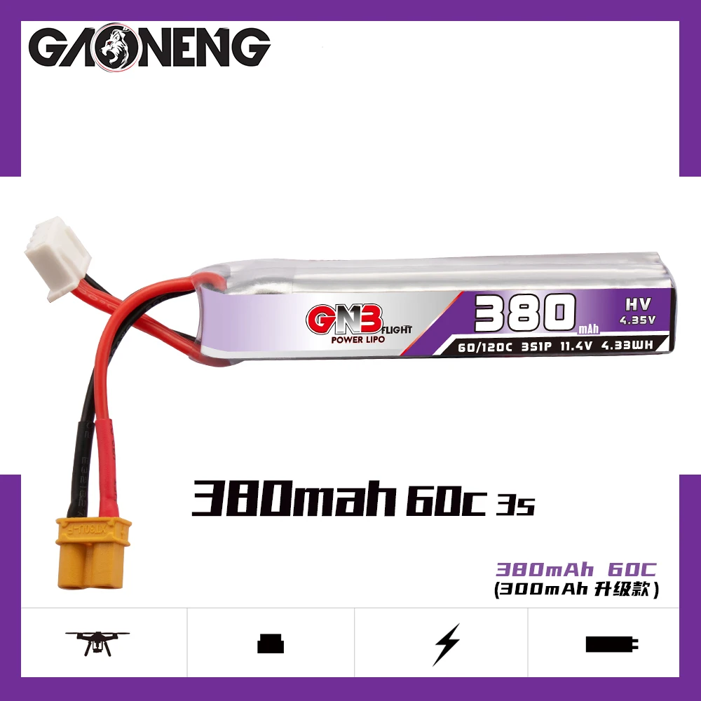 

2PCS GAONENG GNB 380mAh 3S 11.4V Max 60C/120C HV Lipo Battery XT30U-F Plug For FullSpeed TinyLeader Whoop3S RC FPV Drone Parts