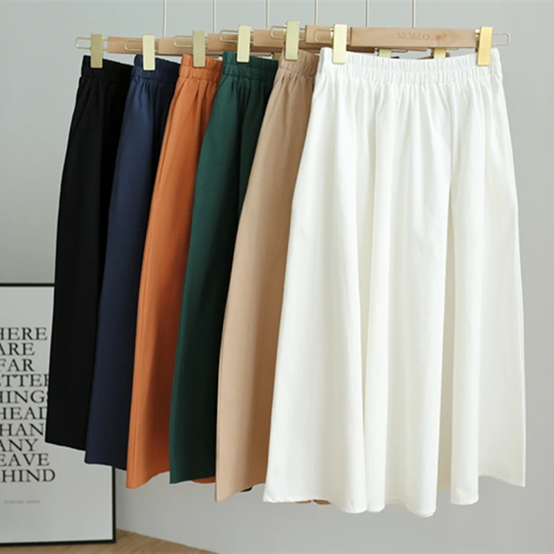 

2021 Japanese Style Mori Girl Summer Woman Skirts Simple Temperament A-line Long-Skirt Elastic Waist Hem Wide Pleated Midi Skirt