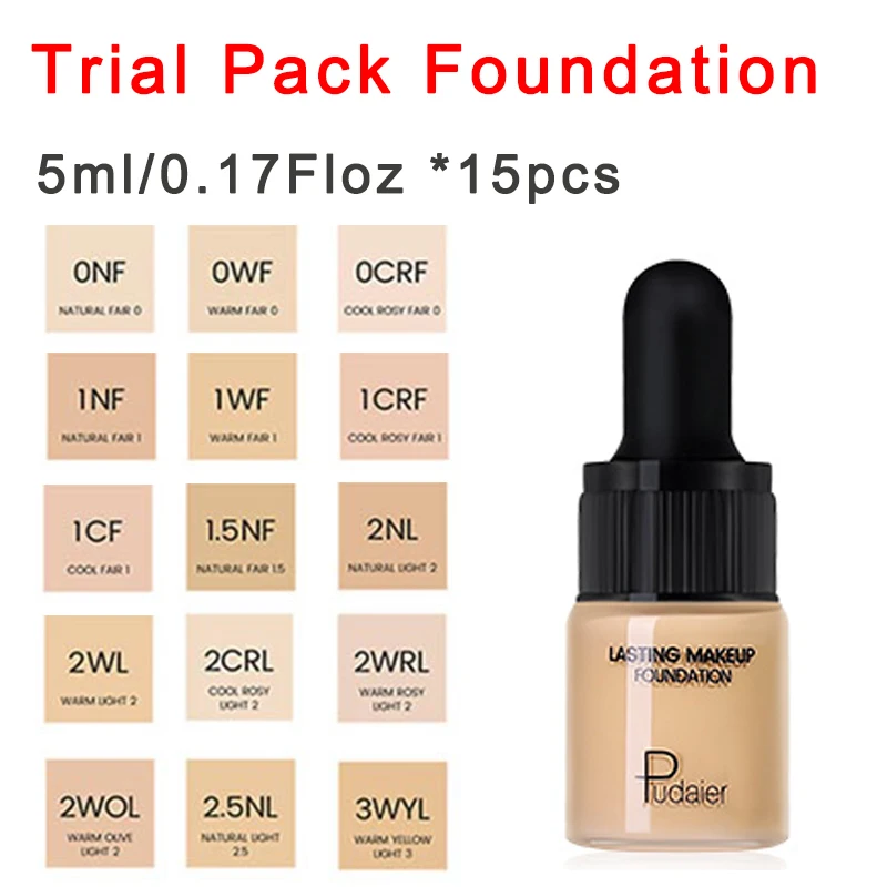Trial pack 15pcs Pudaier 40 мл профессиональная маскирующая основа для макияжа матовая Тональная основа жидкая Косметика тональный крем для лица полное покрытие - Цвет: Trial pack 15pcs