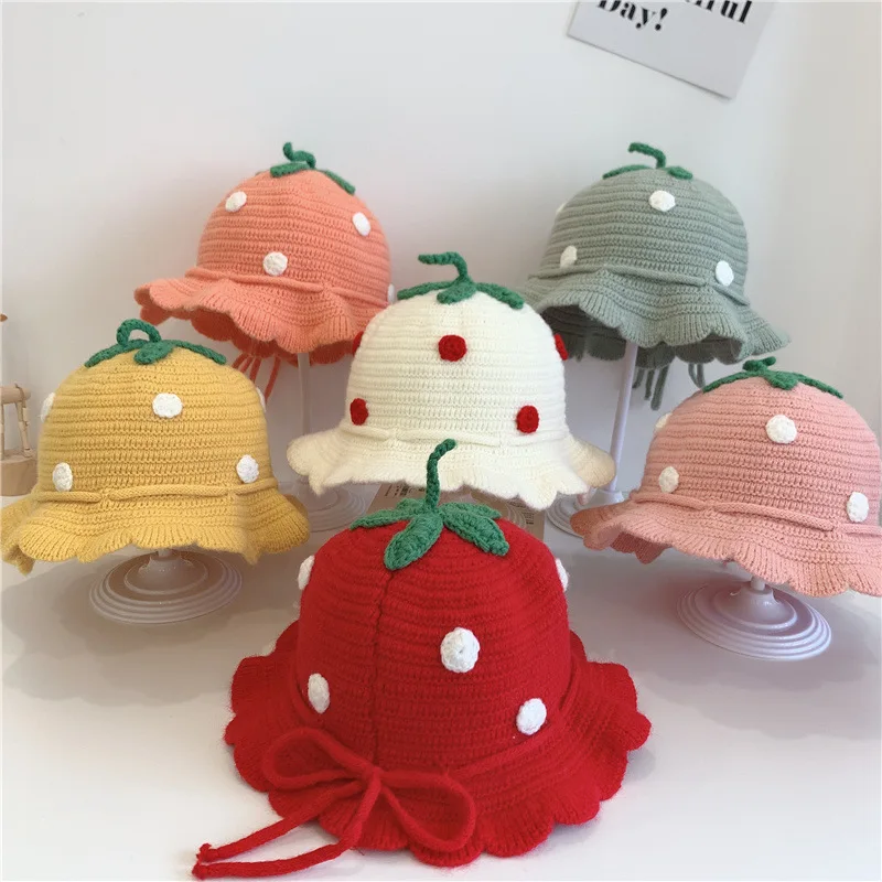 

Baby Newborn Winter Hat Knitting Strawberry 3D Cute Bucket Cap by Hand for Toddler Infant 0-3 Months