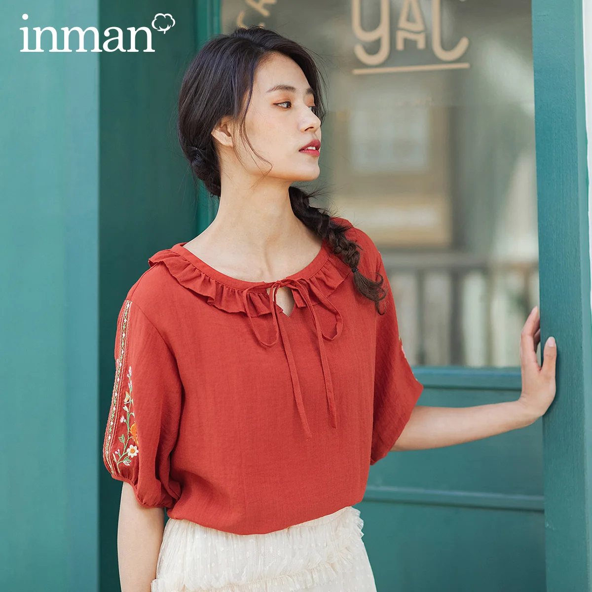 INMAN летняя блузка с милым воротником в виде листьев лотоса и бантом на шнуровке |