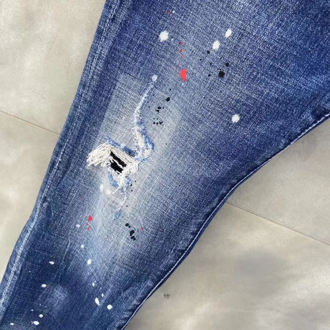

Star dsq Italian jeans frayed, washed patched painted hip hop slim fit elastic business pants original single, high qualit