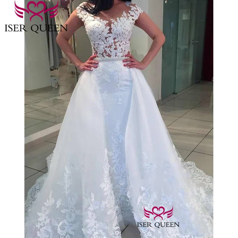 Свадебное платье со съемным шлейфом с аппликацией и рукавами крылышками модное