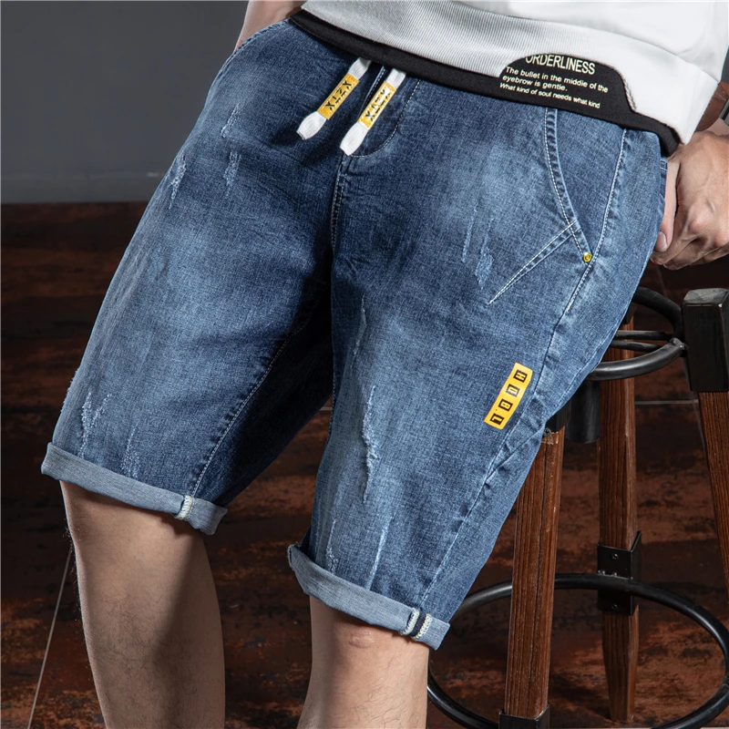 

2021 summer classic style men's lightweight straight denim shorts elastic waist drawstring youth fashion thin ripped jeans