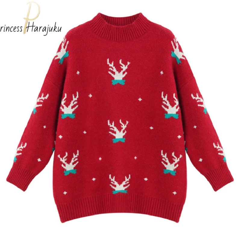

Pullover Vintage Christmas Fawn Print Sweater Oversize Women Long Sleeve Couples Knitted Top Hip Hop Streetwear Pullover Clothes