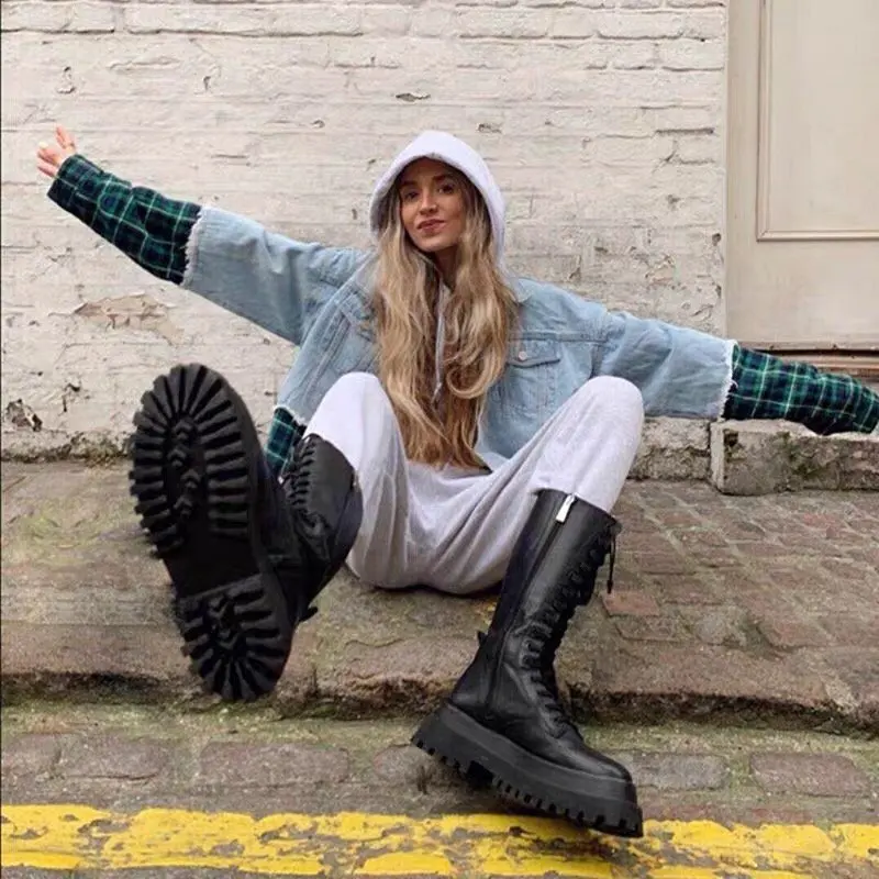 

Bright Leather Motorcycle Boots Women's High Boots Winter Long Tube Boot Lady Mid-Calf Low Heel Shoes Cool Cowboy botas Mujer