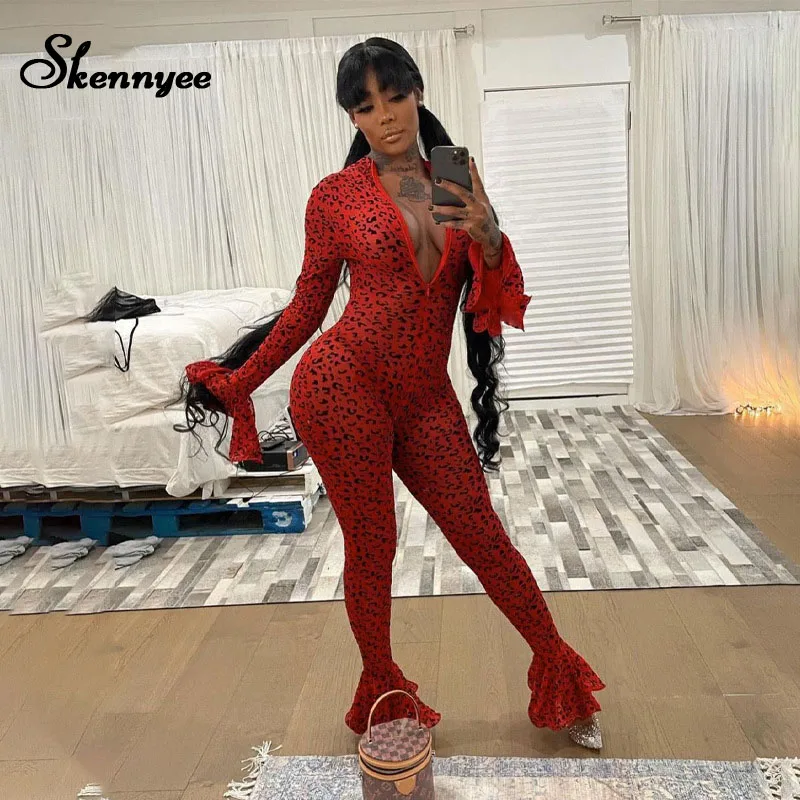 

Skennyee Zip Up Jumpsuits For Women 2021 Sexy Print Long Sleeve Bodysuit Lotus Sleeves Casual Night Party Street Playsuit
