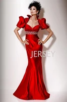 elegant red satin with hearty mermaid long prom dresses 2021 puff short sleeves ribbon beading crystal sash custom evening gown