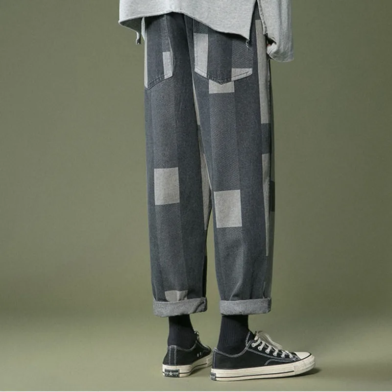 

Spring Summer Plaid Jeans Men's Fashion Retro Casual Drawstring Jeans Men Streetwear Loose Hip-hop Straight Denim Trousers Mens