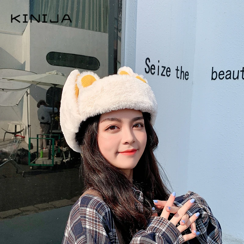 Зимняя женская теплая Толстая кашемировая шапка-бомбер с милым медведем