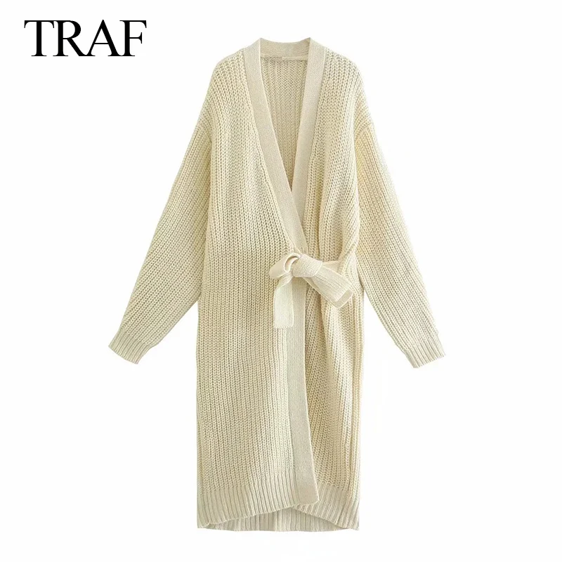 

TRAF ZA Women Chic Long Knitted Sweaters Ladies 2021 Autumn Winter Thick Warm Long Sleeve Loose Casual Female Sashes Cardigans