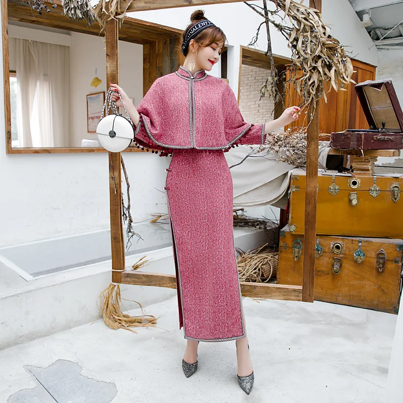 Китайское платье Чонсам розовое современное высокое качественное Ципао