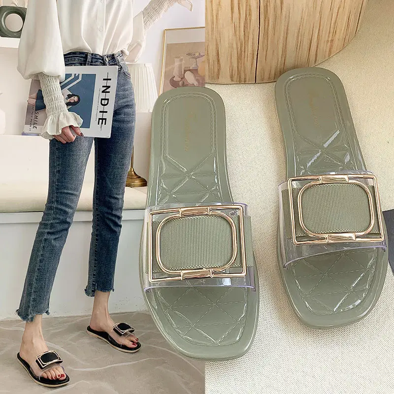 

Baotou half slippers women's summer new flat bottom wear fashion pointed flat heel rivet net red cool women