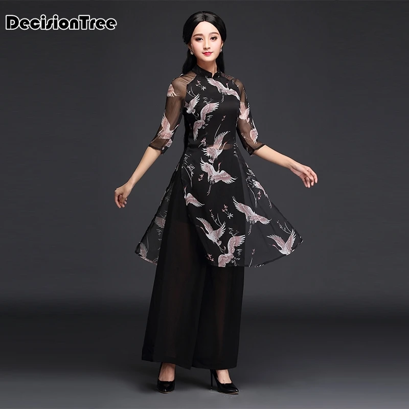 Женский шифоновый aodai вьетнамская традиционная одежда ao dai вьетнамские халаты и брюки цельный комплект женских платьев Улучшенный Чон