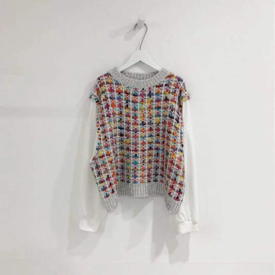 

Yocalor Puff Sleeve Fake Two-piece Knitted Pullover Fresh Fashion Chic Colorful Patchwork Sweater Women O-neck Loose Femme Tops