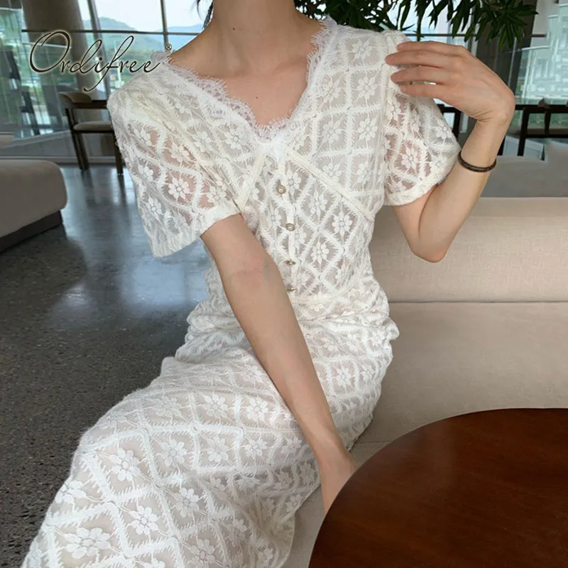 

Ordifree 2022 Summer Women White Lace Party Dress Short Sleeve Elegant Lady Vocation Long Beach Dress