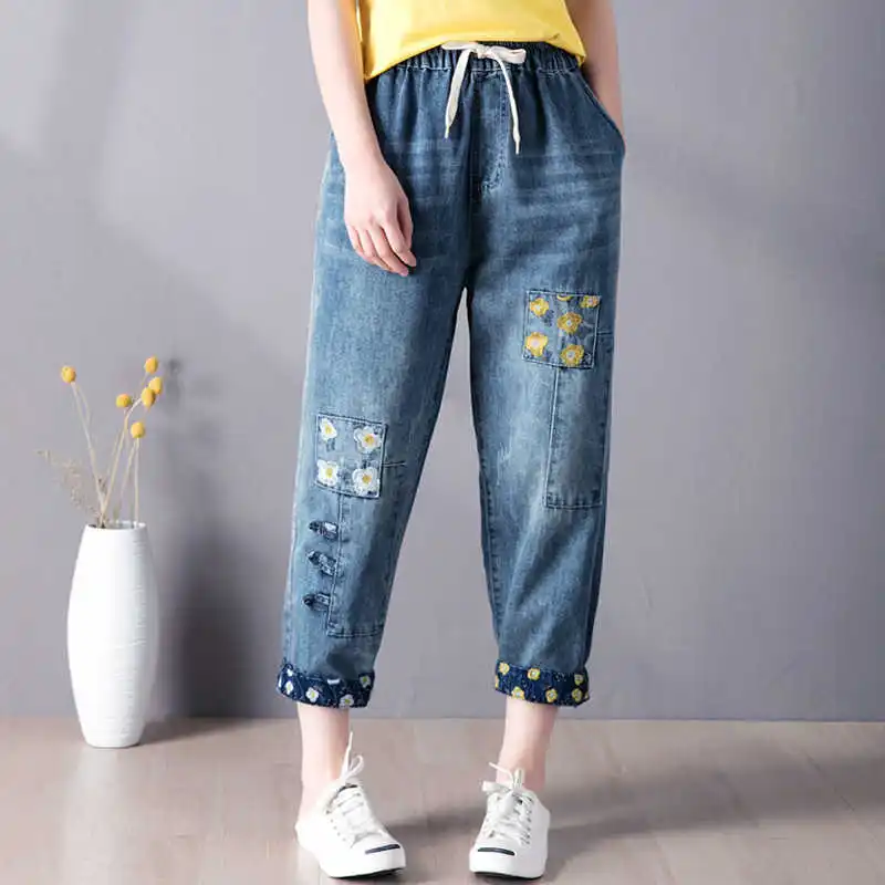 

9260 Women Summer Fashion Elastic High Waist Floral Embroidery Patchwork Retro Ankle Length Denim Pant Female Casual Loose Jeans