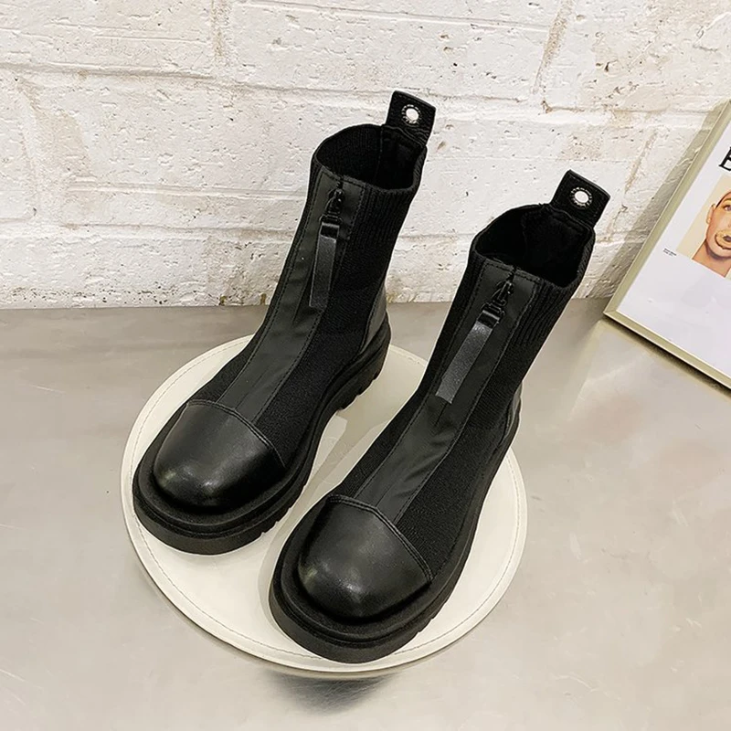 

Socks Boots Womens 2021 New Front Zip Thick Bottom Medium Heel Casual Fashion Martin Ankle Boots Female Non-Slip Wearable Black